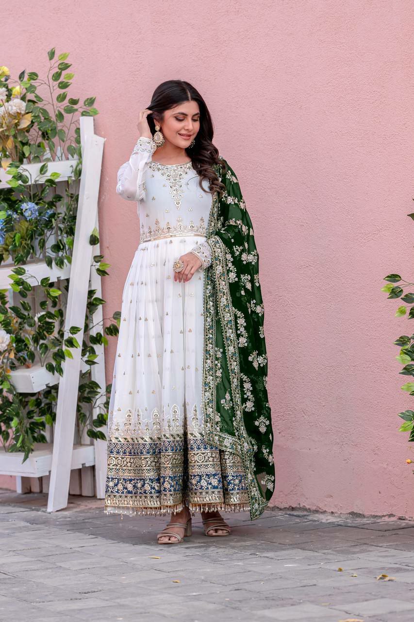 Off White Georgette Embroidered Anarkali Gown with Latkan
