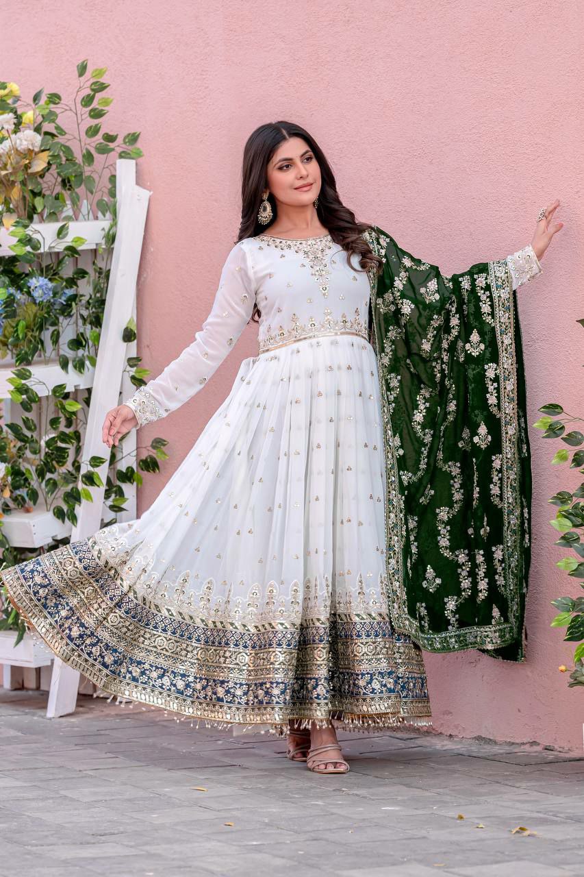 Off White Georgette Embroidered Anarkali Gown with Latkan