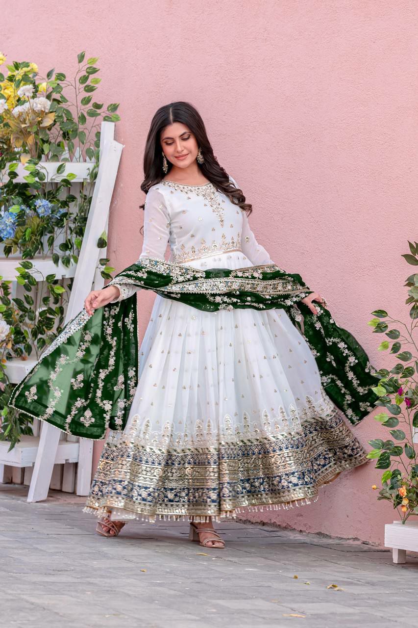 Off White Georgette Embroidered Anarkali Gown with Latkan