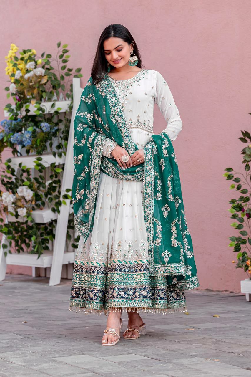 Off White Georgette Embroidered Anarkali Gown