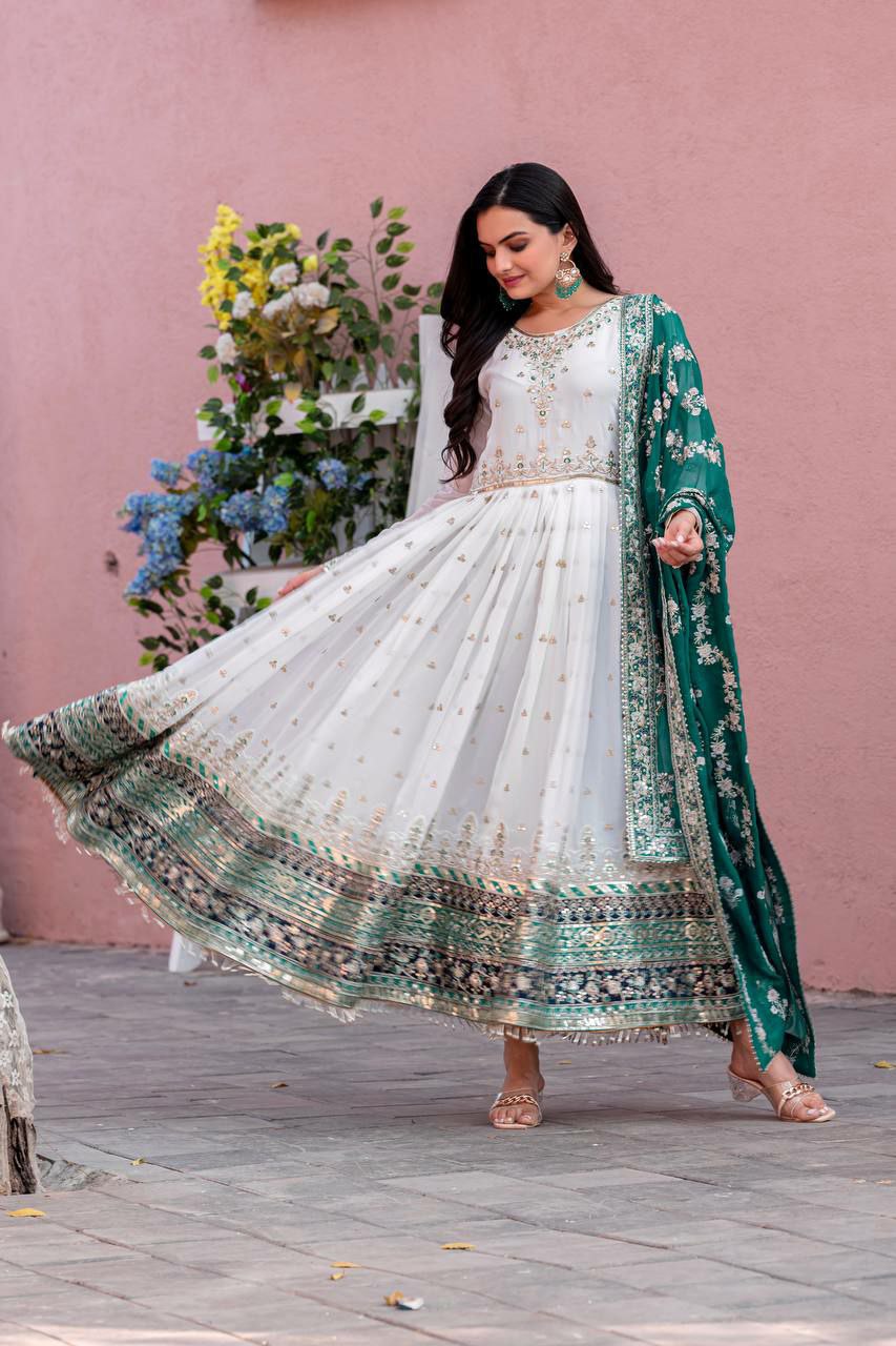 Off White Georgette Embroidered Anarkali Gown