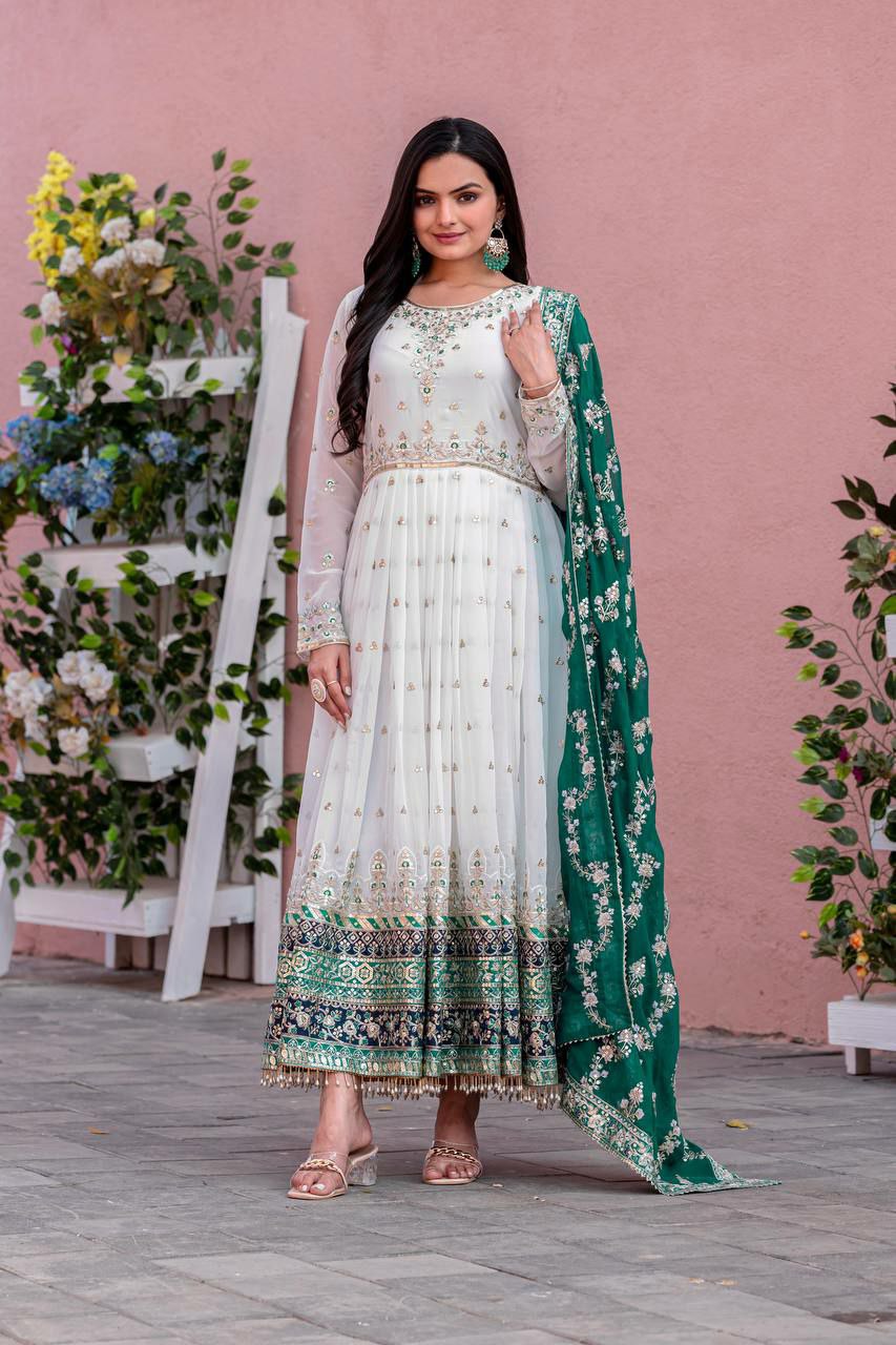 Off white faux georgette Anarkali gown with 5mm sequence embroidery