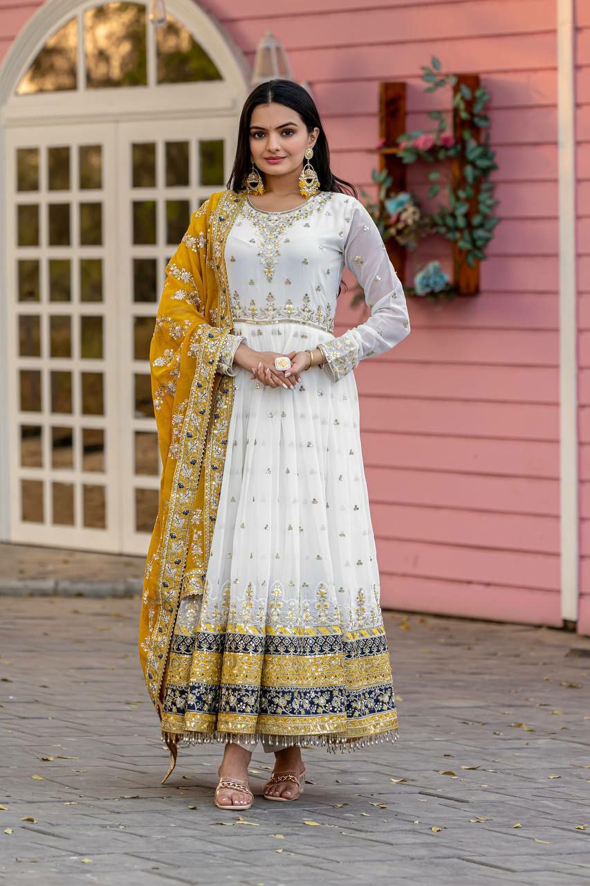 Off White Georgette Embroidered Anarkali Suit with Sequence Work