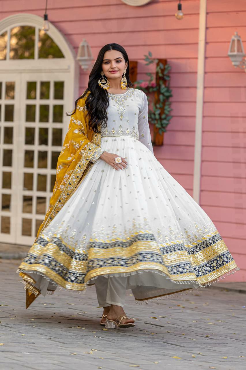 Off White Georgette Embroidered Anarkali Suit with Sequence Work
