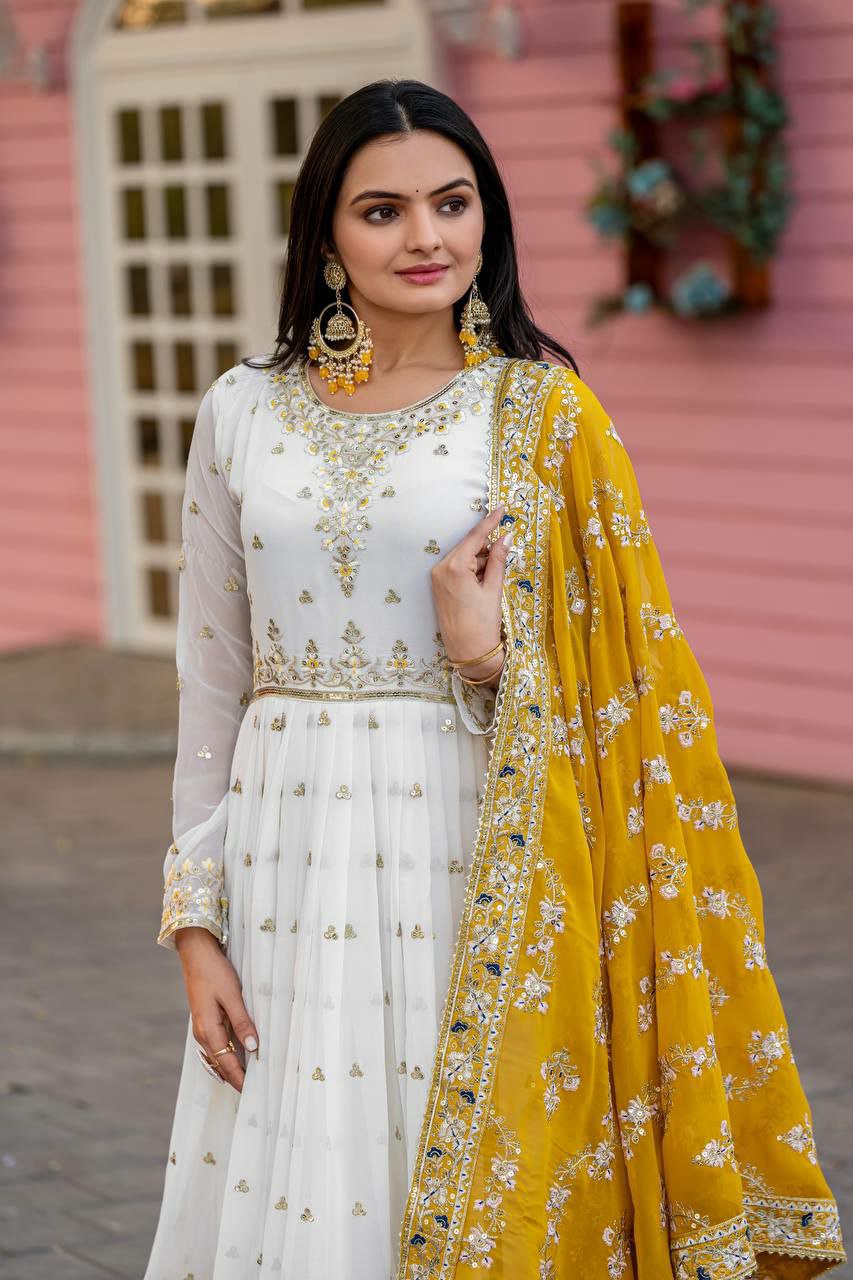 Off White Georgette Embroidered Anarkali Suit with Sequence Work