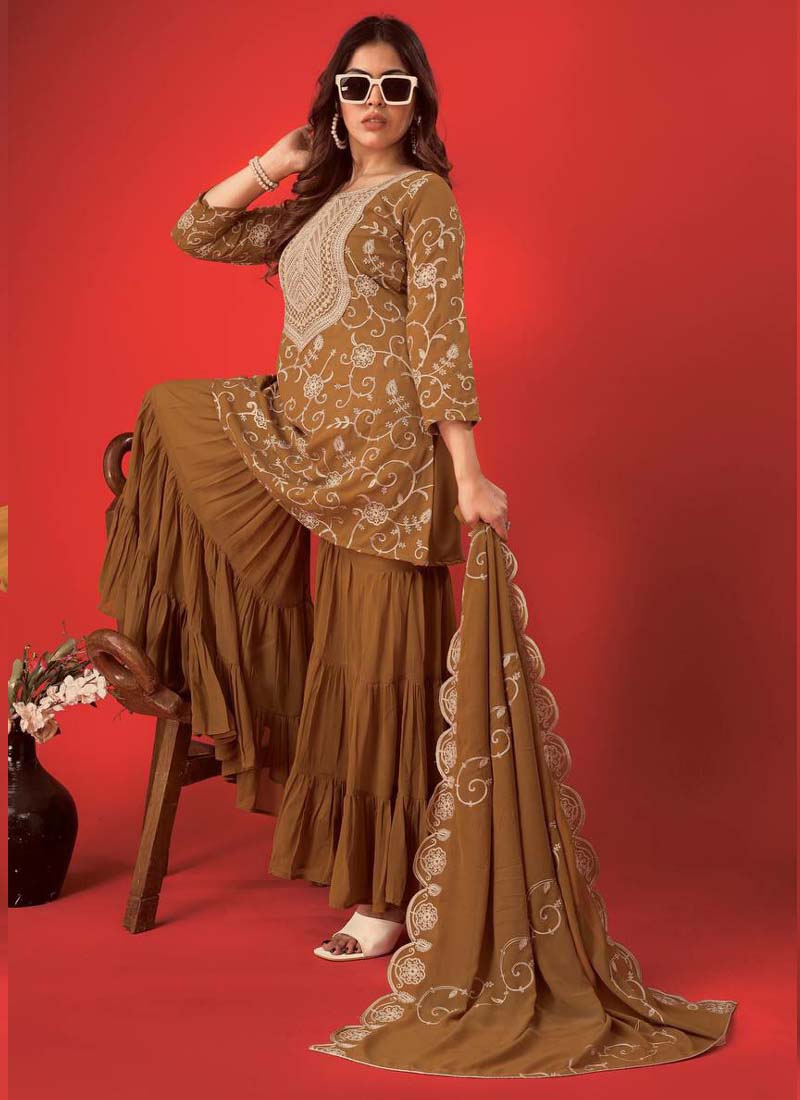 Beige Georgette Embroidered Sharara Suit with Full Sleeves