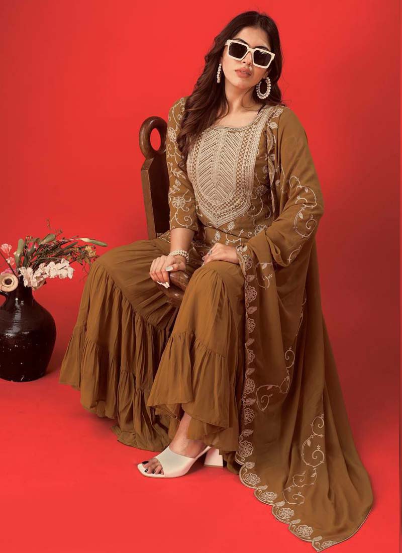 Beige Georgette Embroidered Sharara Suit with Full Sleeves