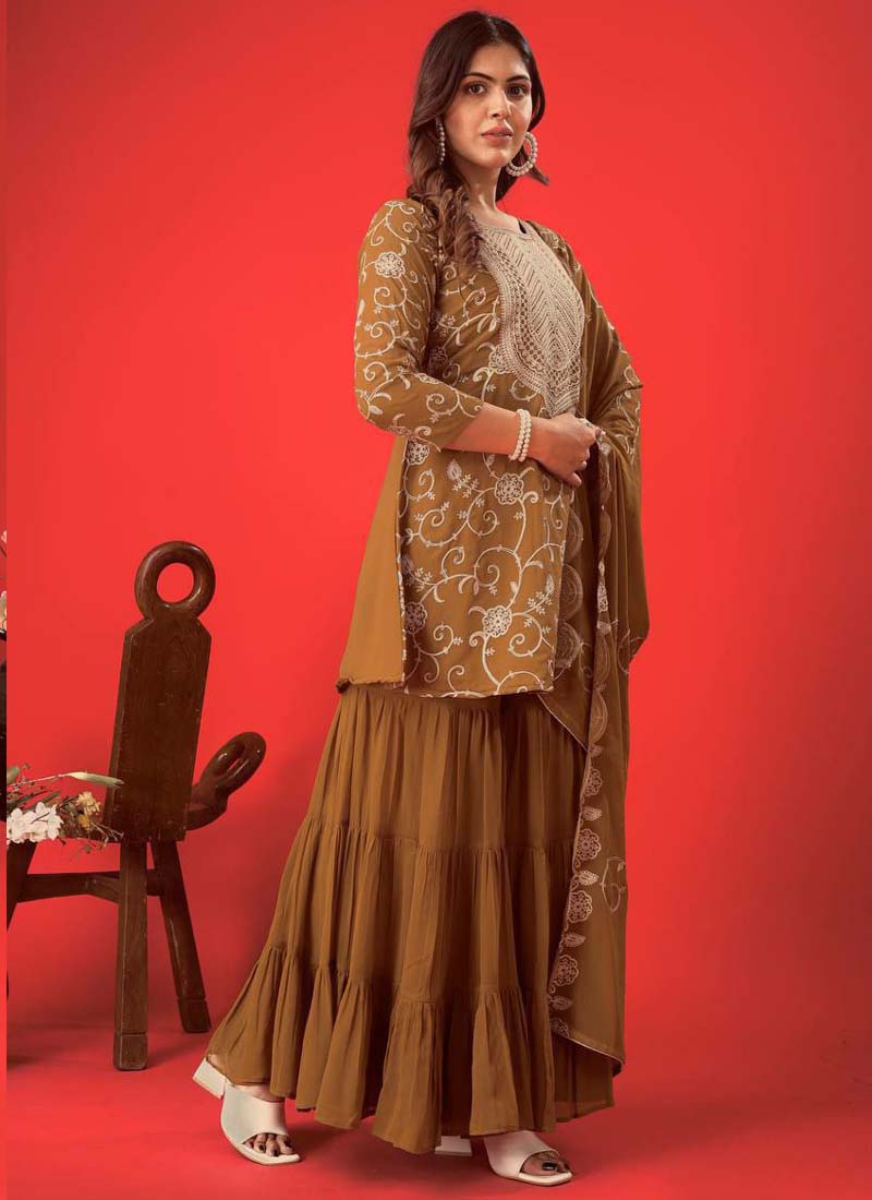 Beige Georgette Embroidered Sharara Suit with Full Sleeves