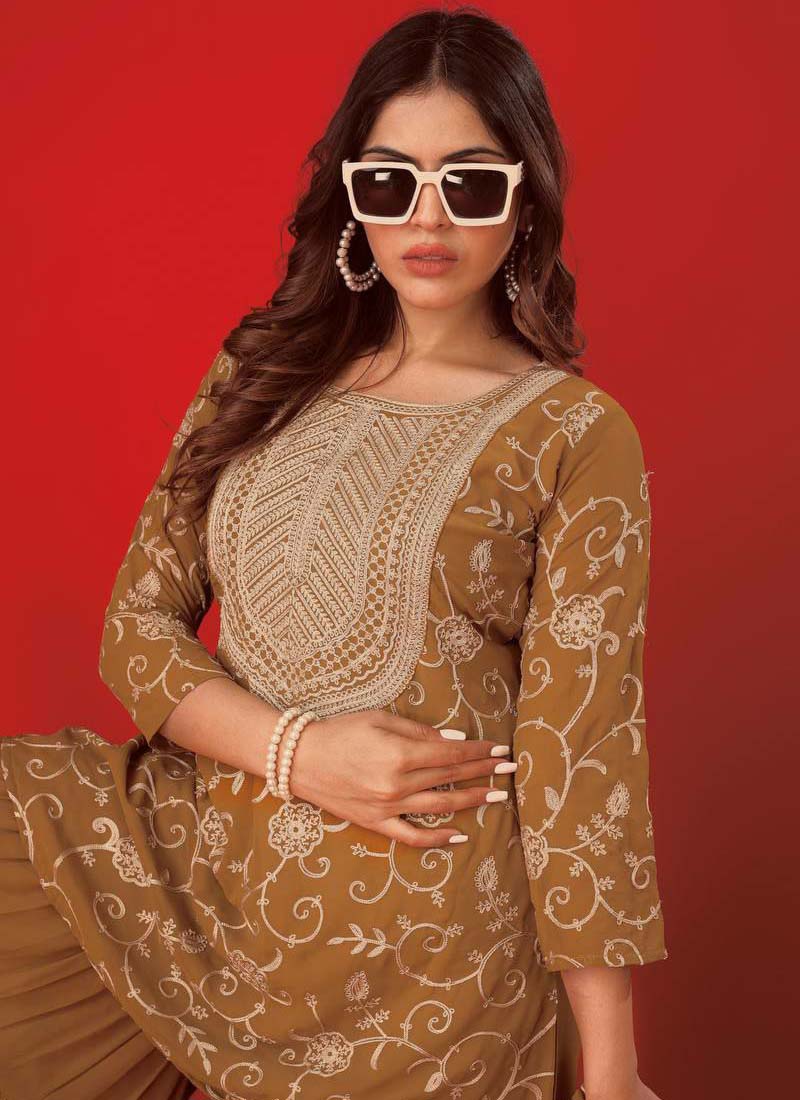 Beige Georgette Embroidered Sharara Suit with Full Sleeves