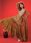 Beige Georgette embroidered sharara suit with long sleeves and detailed ethnic work