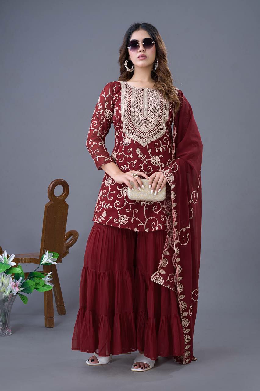 Maroon Georgette Embroidered Sharara Suit with Full Sleeves