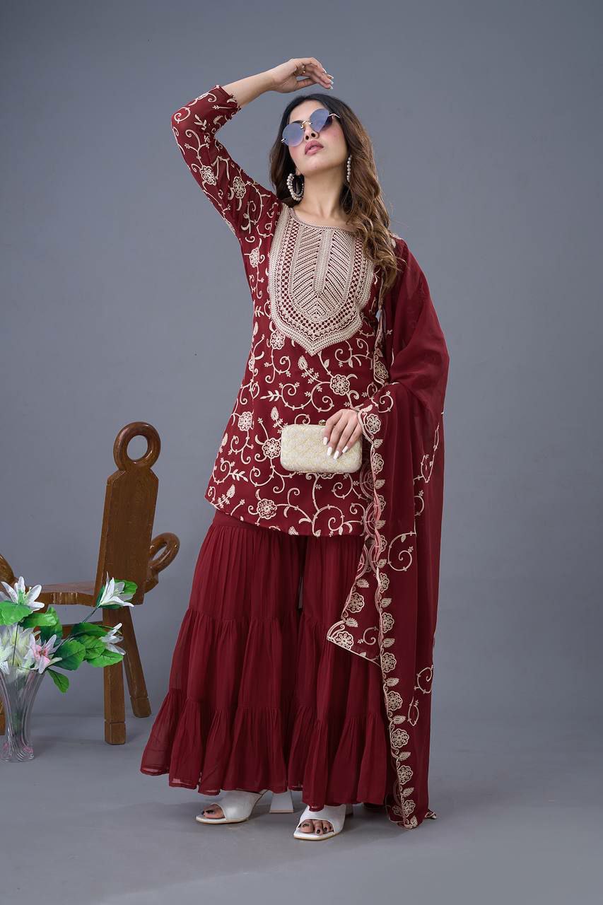 Maroon Georgette Embroidered Sharara Suit with Full Sleeves