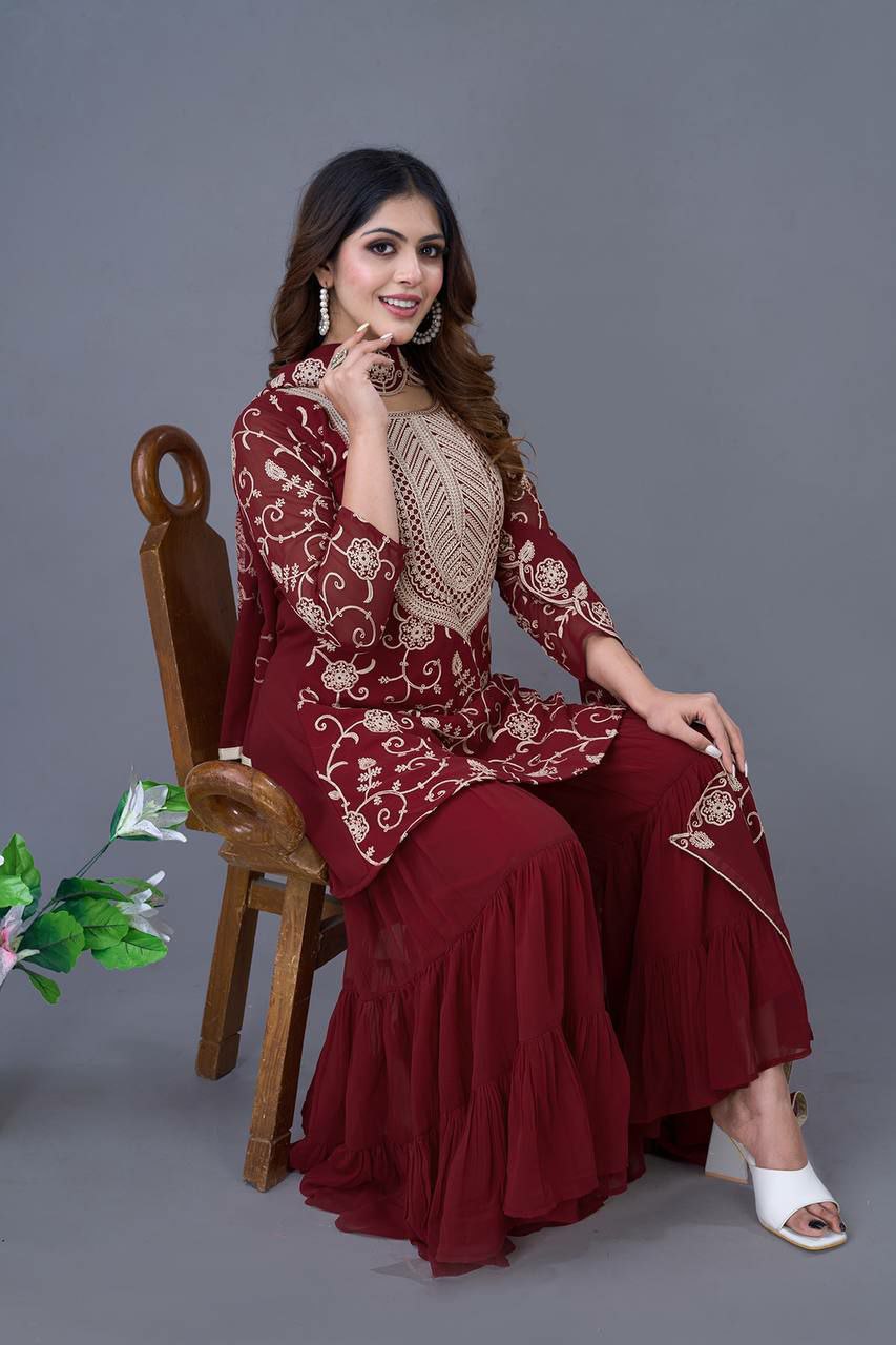 Maroon Georgette Embroidered Sharara Suit with Full Sleeves