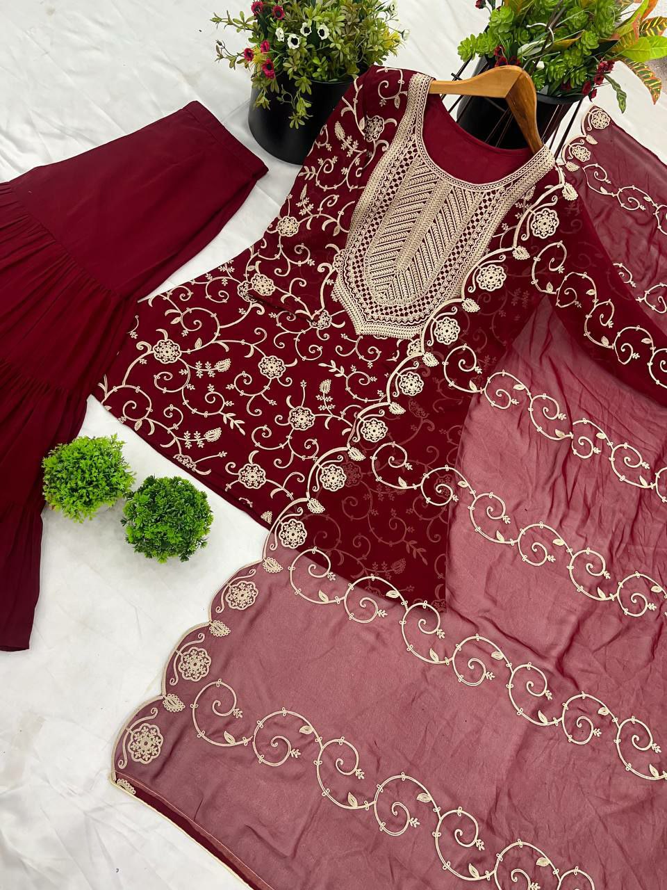 Maroon Georgette Embroidered Sharara Suit with Full Sleeves