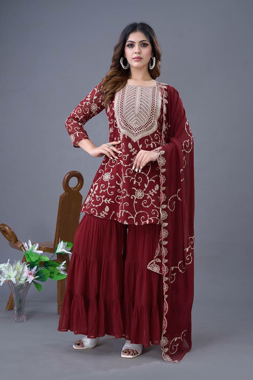 Elegant maroon georgette sharara suit with heavy embroidery work and full sleeves