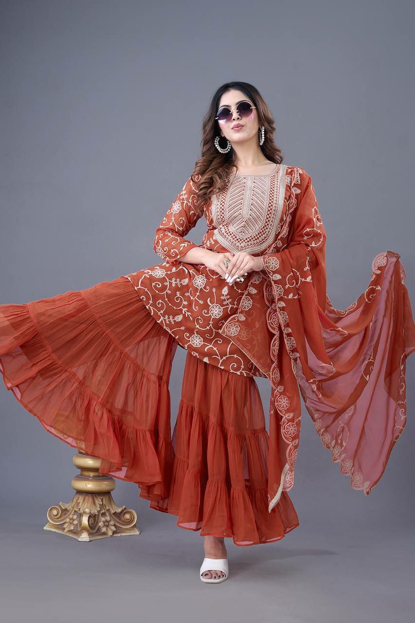 Orange Georgette Embroidered Sharara Suit with Full Sleeves