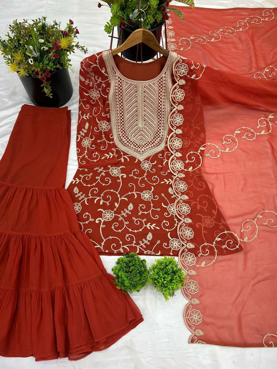 Orange Georgette Embroidered Sharara Suit with Full Sleeves