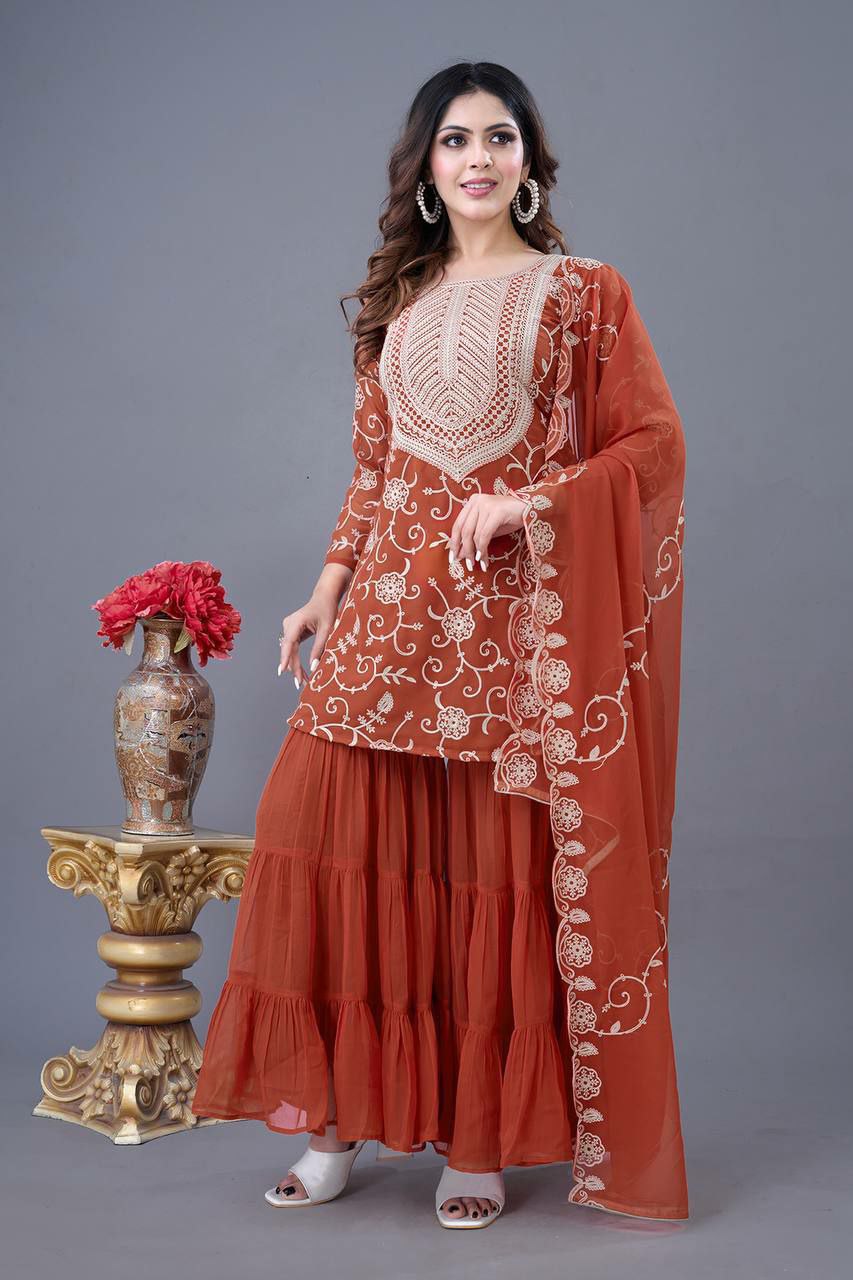 Orange georgette sharara suit with embroidery and full sleeves