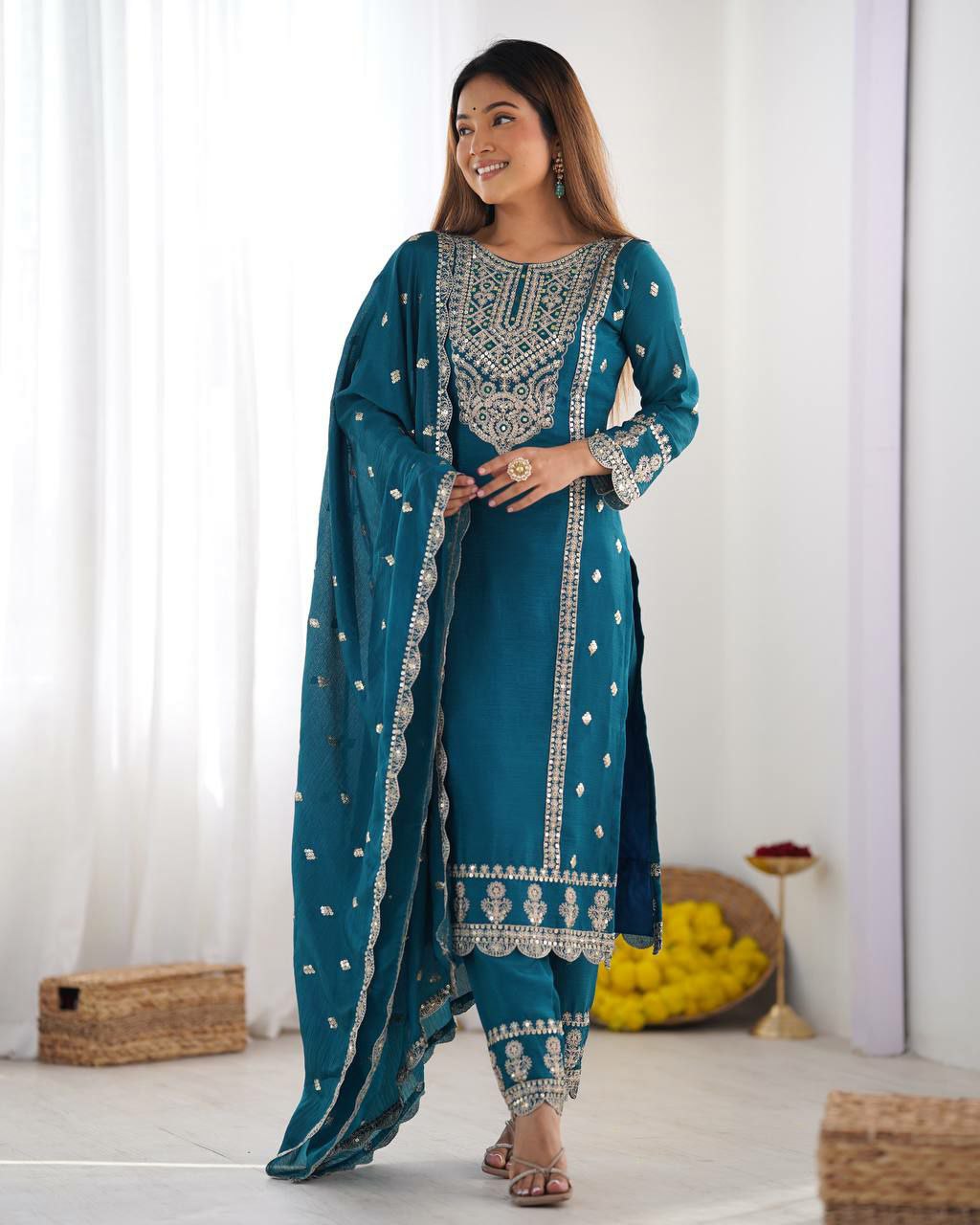 Prazu Fashion Turquoise Chinon Silk Embroidered Salwar Suit