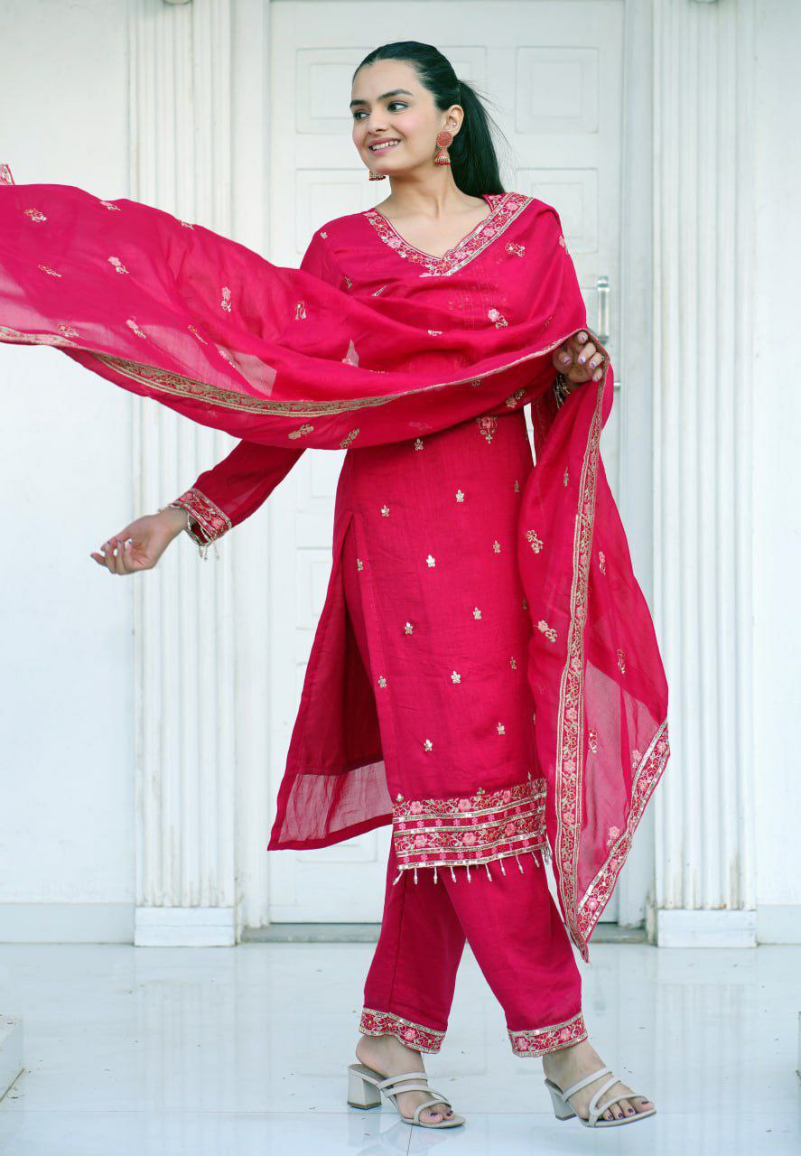 Red Embroidered Salwar Suit in Blooming Vichitra Silk