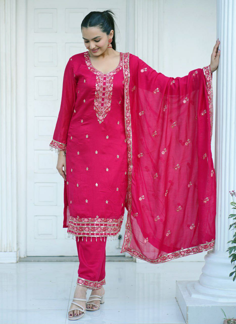 Red Embroidered Salwar Suit in Blooming Vichitra Silk