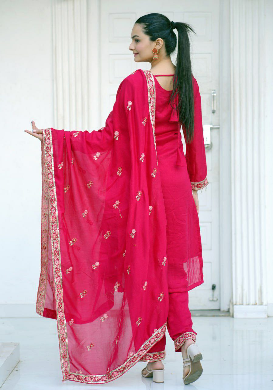 Red Embroidered Salwar Suit in Blooming Vichitra Silk