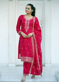 Red Blooming Vichitra silk salwar suit with heavy sequence embroidery