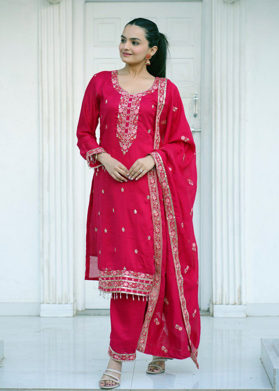 Red Blooming Vichitra silk salwar suit with heavy sequence embroidery