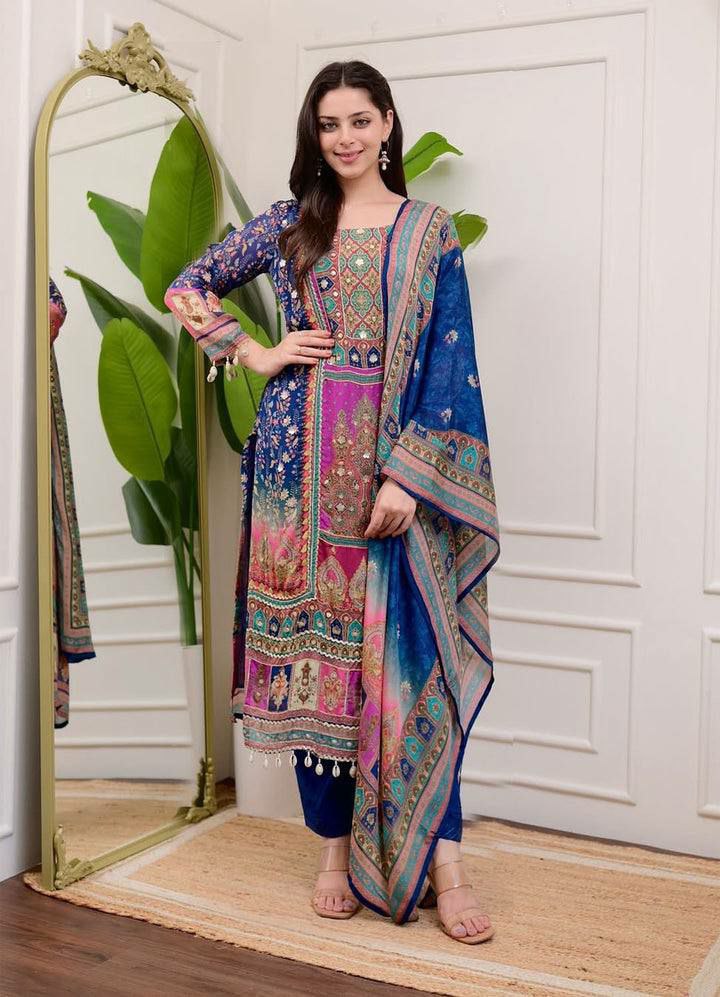 Multi Color Chinon Silk Salwar Suit with Mirror and Moti Work