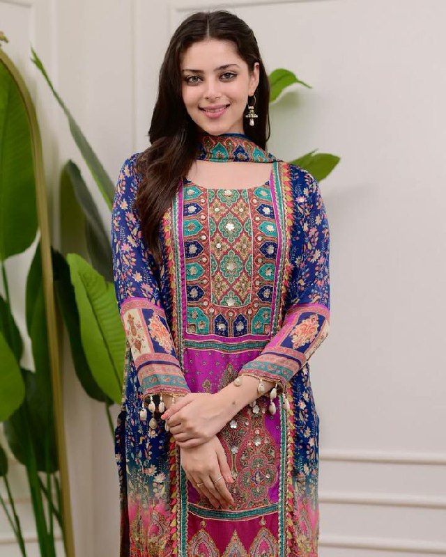 Multi Color Chinon Silk Salwar Suit with Mirror and Moti Work