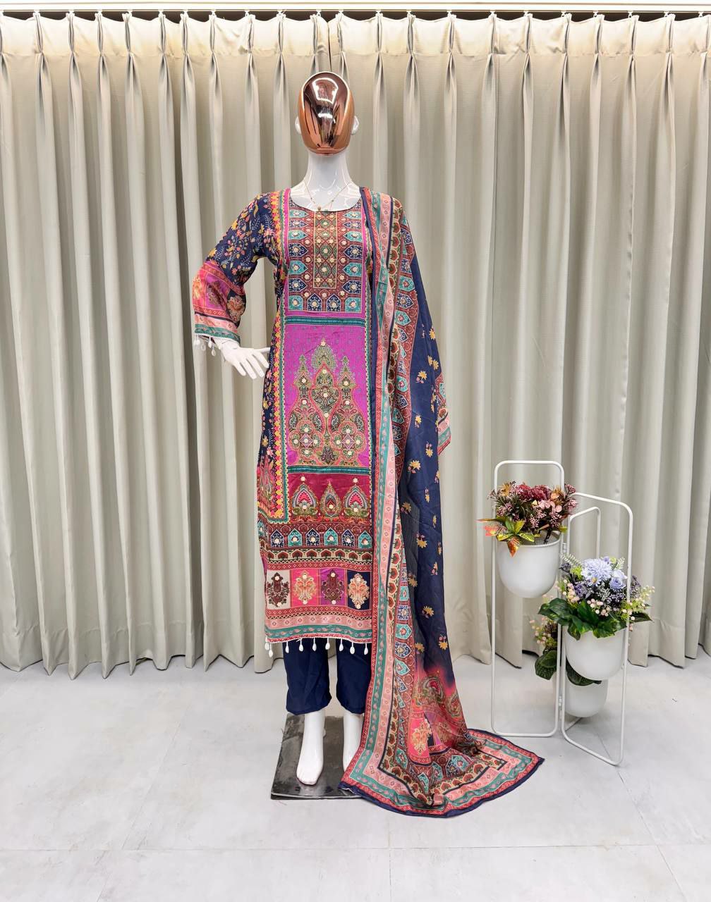 Multi Color Chinon Silk Salwar Suit with Mirror and Moti Work