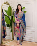 Multi color Chinon silk salwar suit with detailed mirror work and Moti lace.