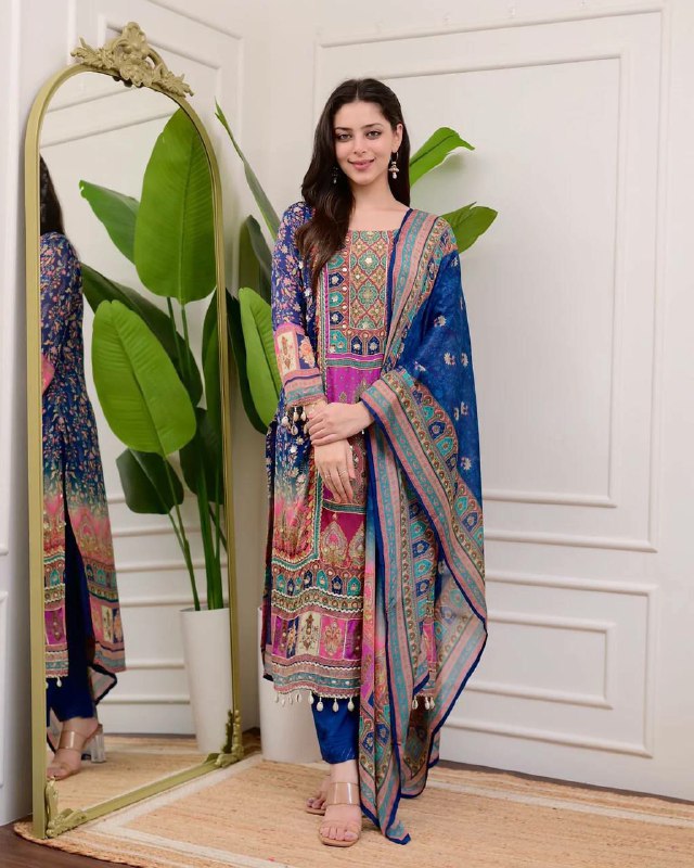 Multi color Chinon silk salwar suit with detailed mirror work and Moti lace.
