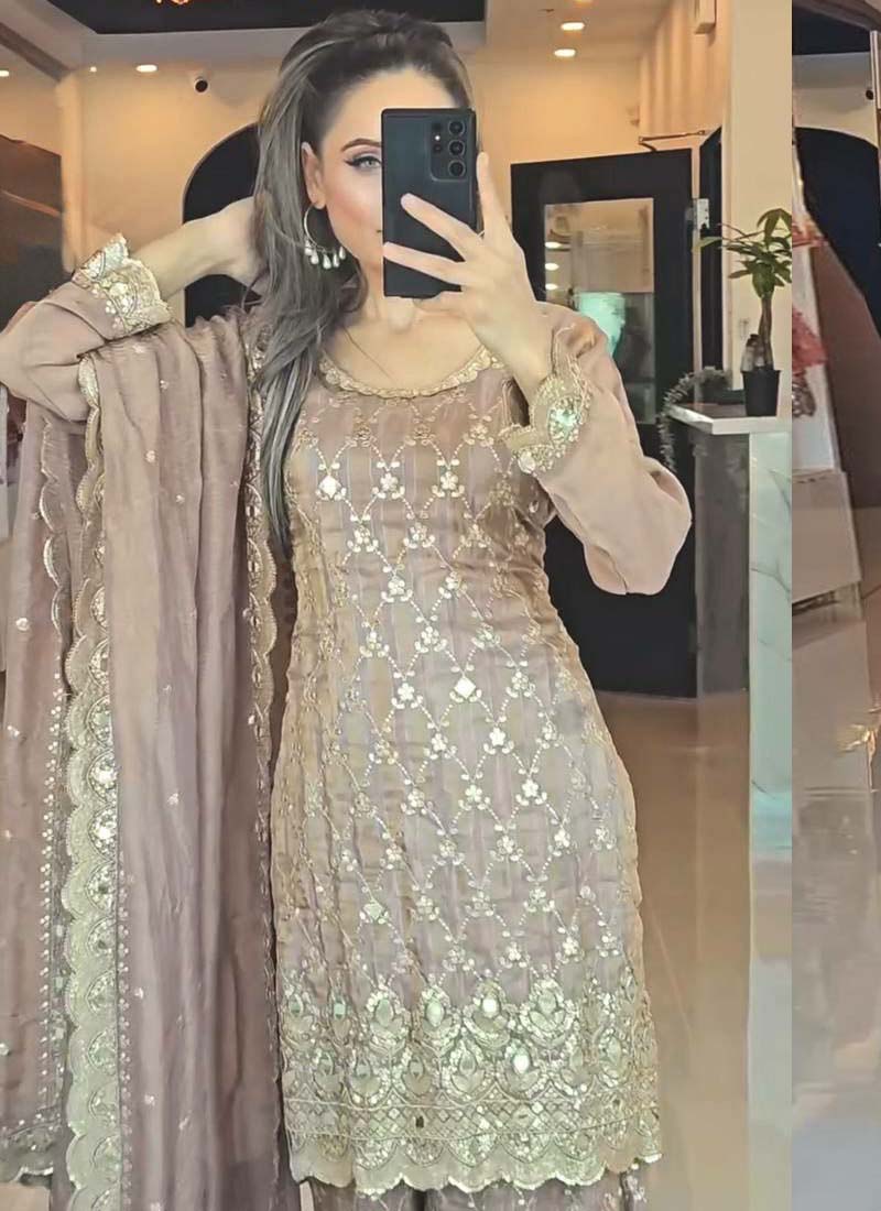 Beige Chinon Silk Embroidered Sharara Suit Set
