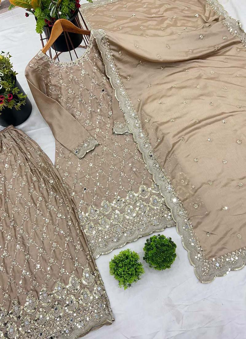 Beige Chinon Silk Embroidered Sharara Suit Set