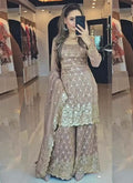 Beige pure Chinon silk sharara suit with heavy sequence embroidery