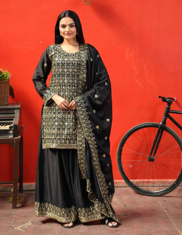Black Chinon Silk Embroidered Sharara Suit with Sequence Work