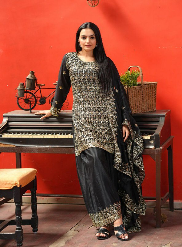 Black Chinon Silk Embroidered Sharara Suit with Sequence Work