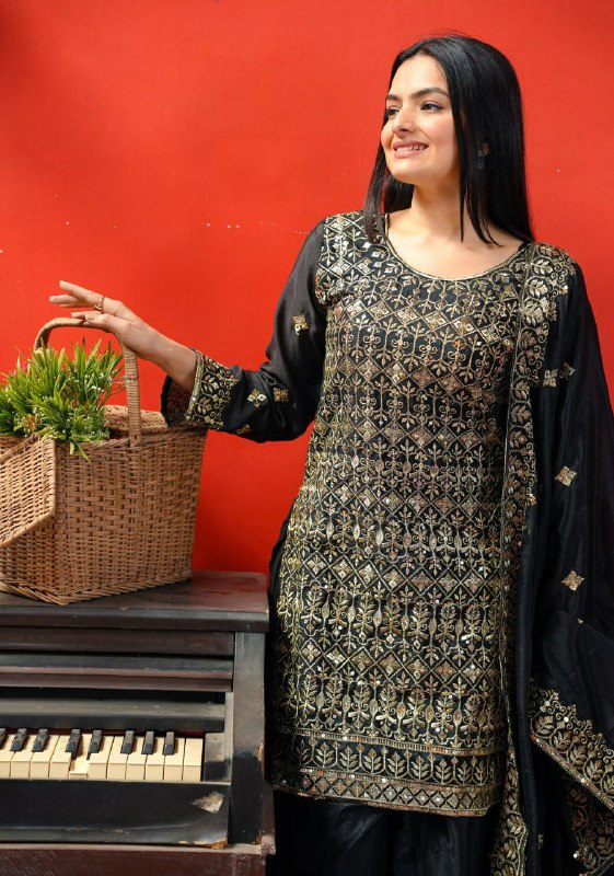 Black Chinon Silk Embroidered Sharara Suit with Sequence Work