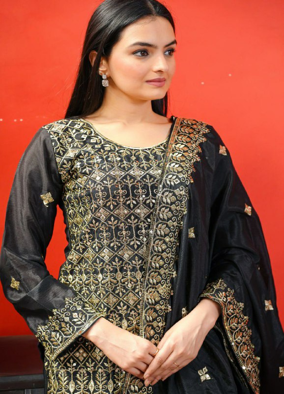 Black Chinon Silk Embroidered Sharara Suit with Sequence Work