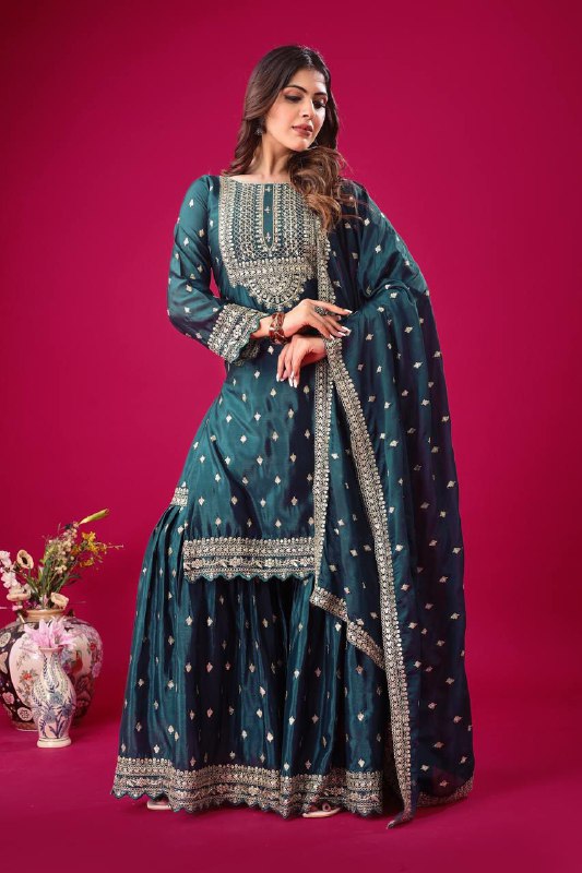 Blue Chinon Silk Embroidered Sharara Suit with Sequence Work
