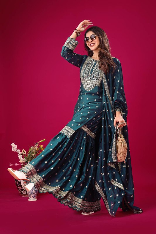 Blue Chinon Silk Embroidered Sharara Suit with Sequence Work