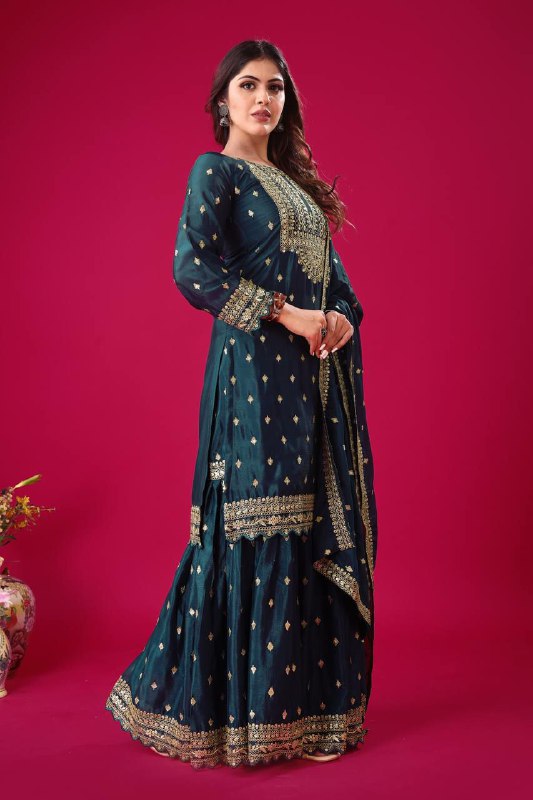 Blue Chinon Silk Embroidered Sharara Suit with Sequence Work
