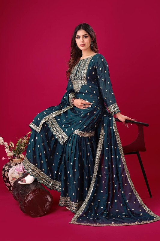 Blue Chinon Silk Embroidered Sharara Suit with Sequence Work