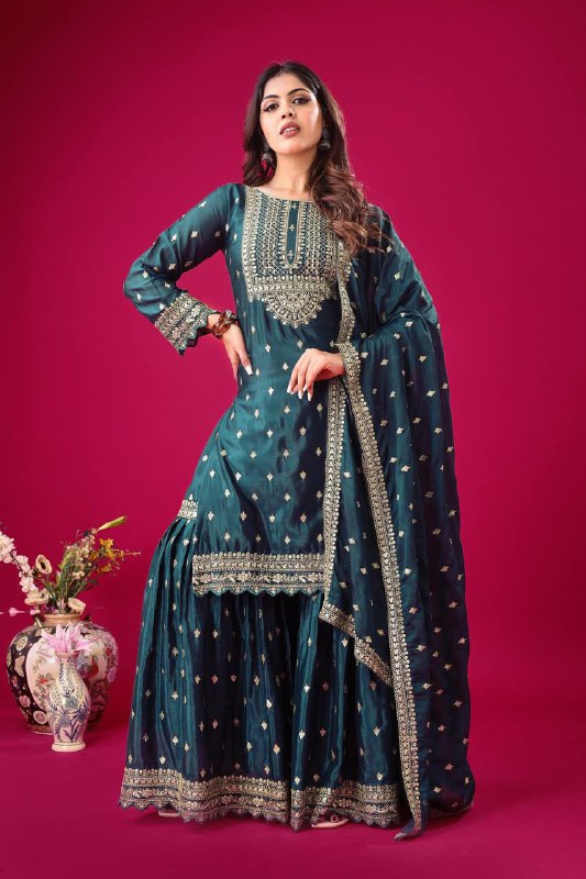 Blue Chinon silk sharara suit with detailed sequence embroidery and full sleeves
