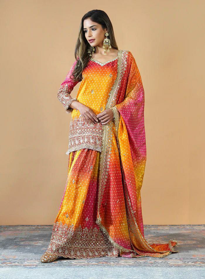 Yellow And Pink Chinon Silk Embroidered Palazzo Suit