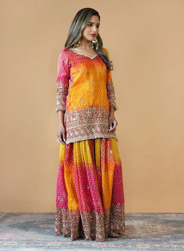 Yellow And Pink Chinon Silk Embroidered Palazzo Suit