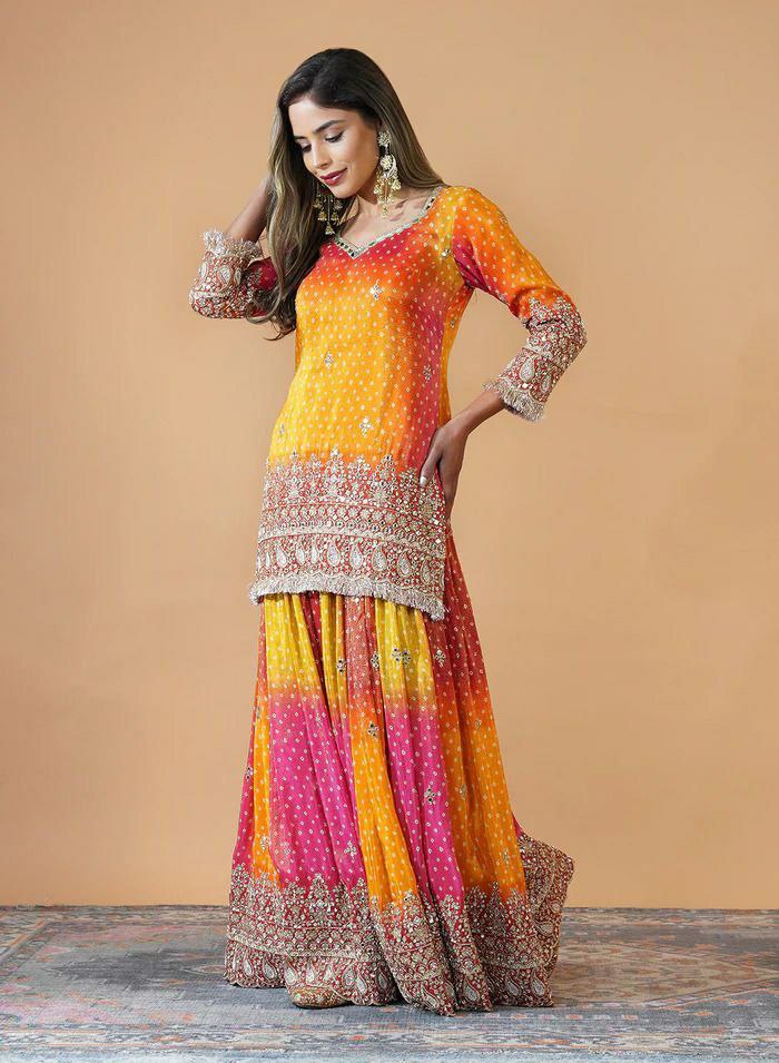 Yellow And Pink Chinon Silk Embroidered Palazzo Suit