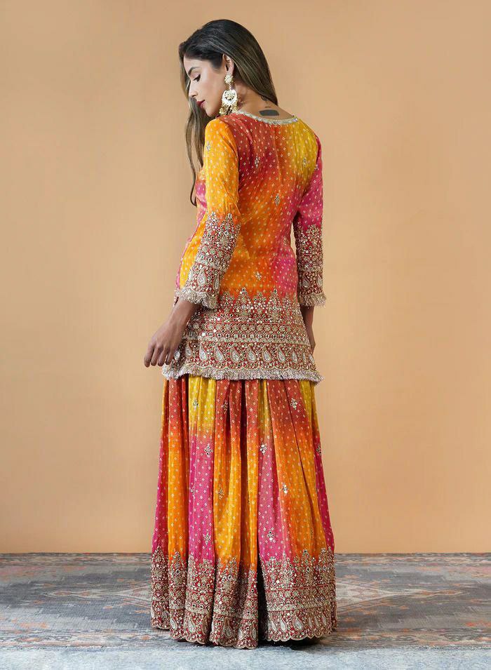 Yellow And Pink Chinon Silk Embroidered Palazzo Suit