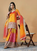 Yellow and pink Chinon silk palazzo suit with intricate embroidery and a comfortable micro inner lining.